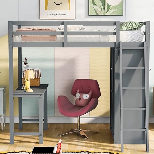 Loft Bed with Wardrobe and Desk, Solid Wood Loft Bed Frame with Ladder, Safety Guardrail for Teenagers and Adults, Space-Saving Loft Bed with Wooden Slats Support(White,Full)