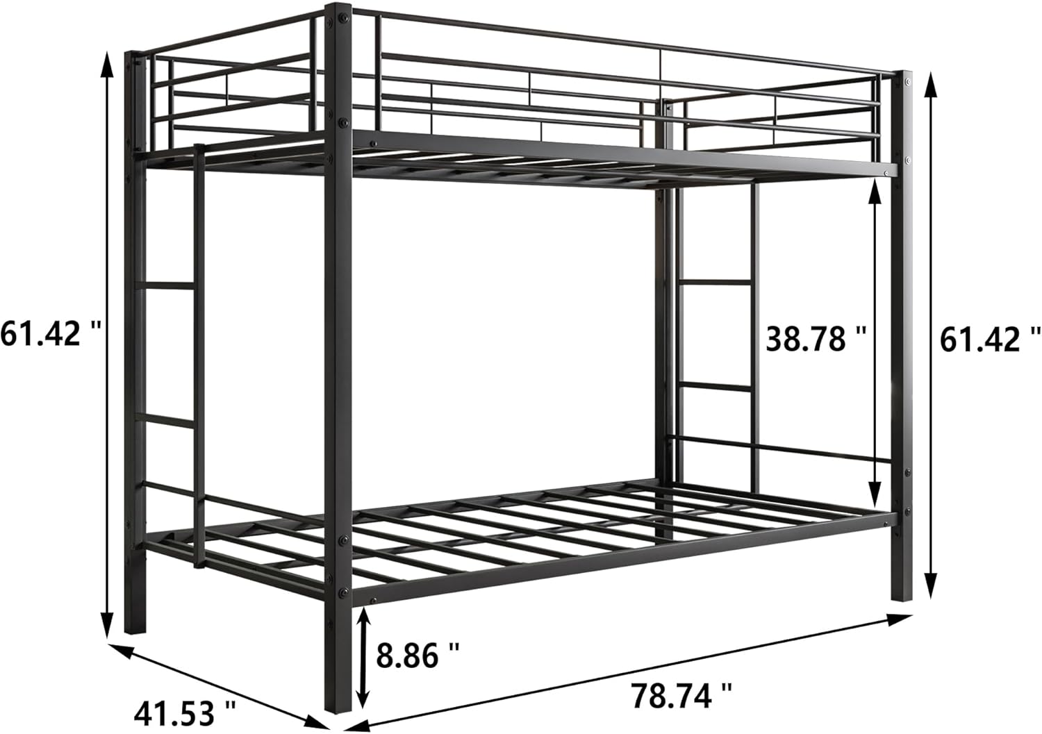 Bunk Metal Bed Frame Twin Over Twin with Slat & Ladder &Guardrail Space-Saving Twin Size Bed Frame/Under Bed Storage Heavy Duty Steel Bed Frame Black