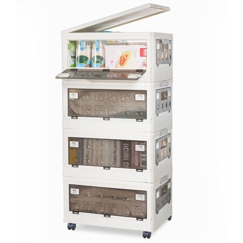 Citylife 77.2 QT 4 Packs Closet Organizers and Storage Collapsible Plastic Storage Bins with Lids Stackable Storage Containers with Wheels and Door Storage Box for Clothing, Blankets, Toys