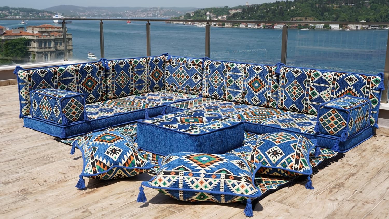 Royal Blue L Shaped Floor Couch, Sectional Sofa Set, Floor Pillow, Arabic Majlis, Moroccan Livingroom Cushion, 4