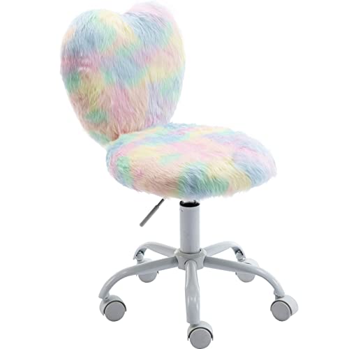 Cute Fuzzy Kids Chair for Teenage Girls Rolling Study Desk Student Chair Furry Computer Task Chair, Adjustable Heart Shaped Reading Vanity Chair for Bedroom, Colorful