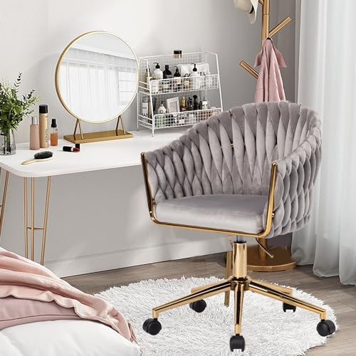 Velvet Office Chair, Vanity Chairs with Wheels, 360° Swivel Velvet Home Office Desk Chair, Accent Chair Makeup Vanity Chair for Bedroom, Living Room(Grey)