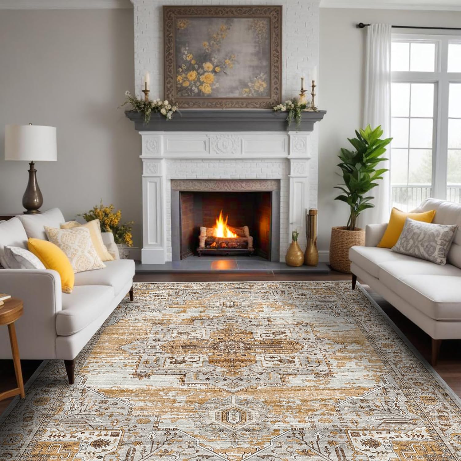 Washable 8x10 area rugs - Large Rugs for Living Room Stain Resistant Carpet Vintage Rugs for Bedroom with Non Slip Backing Home Decor Floor Decoration Mat (8x10 Yellow)