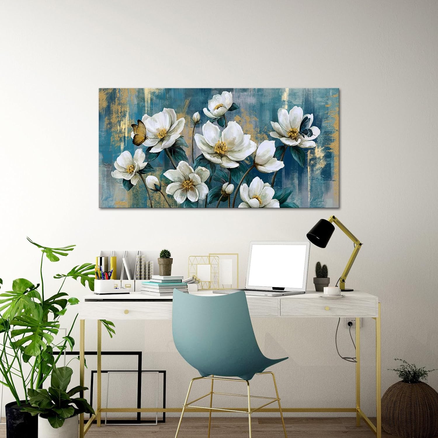Artmyharbor Blue Flower Canvas Wall Art for Living Room Botanical Teal Wall Decor Rustic Floral Buttefly Pictures 24