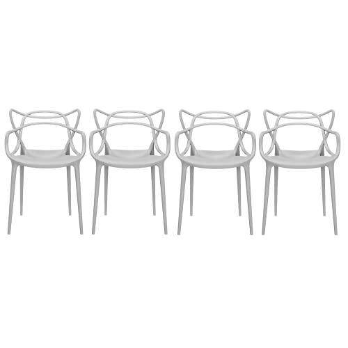 2xhome Set of 4 White Stackable Contemporary Modern Designer Plastic Chairs with Arms Open Back Armchairs for Kitchen Dining Chair Outdoor Patio Bedroom Accent Patio Balcony Office Work Garden Home