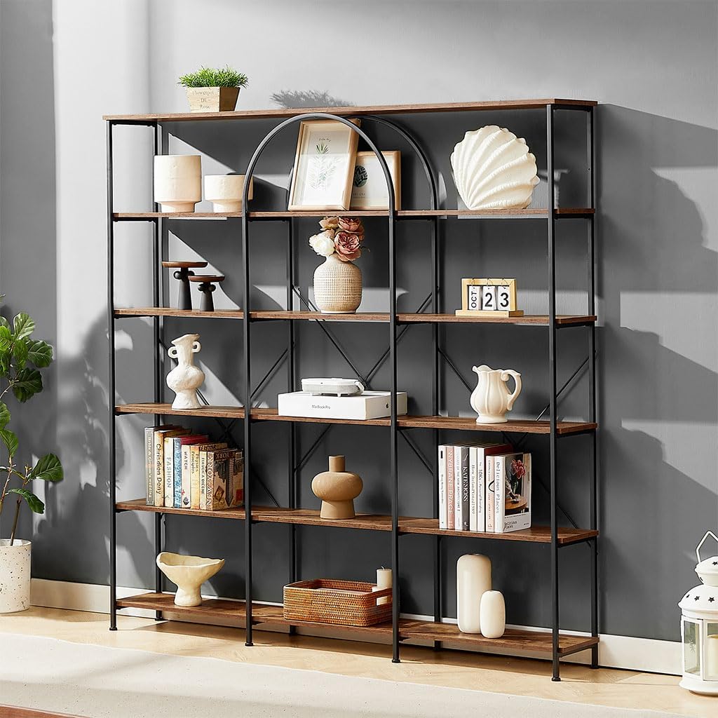Bookshelf and Bookcases,Vintage Industrial Style Bookshelf Floor Standing 6 Tier Home Office Open Bookshelf with Metal Frame and MDF Board Display Storage Shelf for Living Room, Home Office