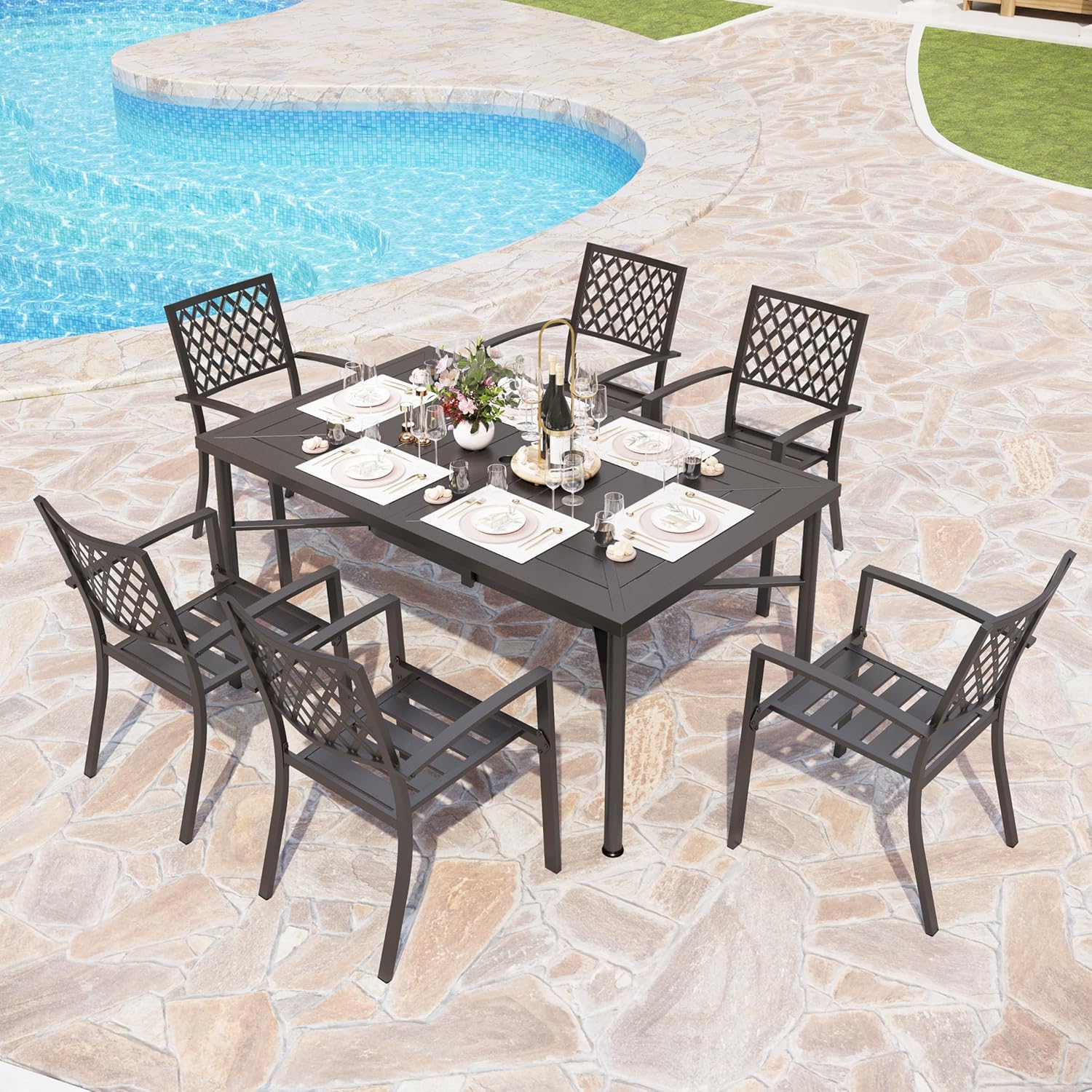 PHI VILLA 7-Piece Outdoor Dining Set, Rectangular Metal Table (64