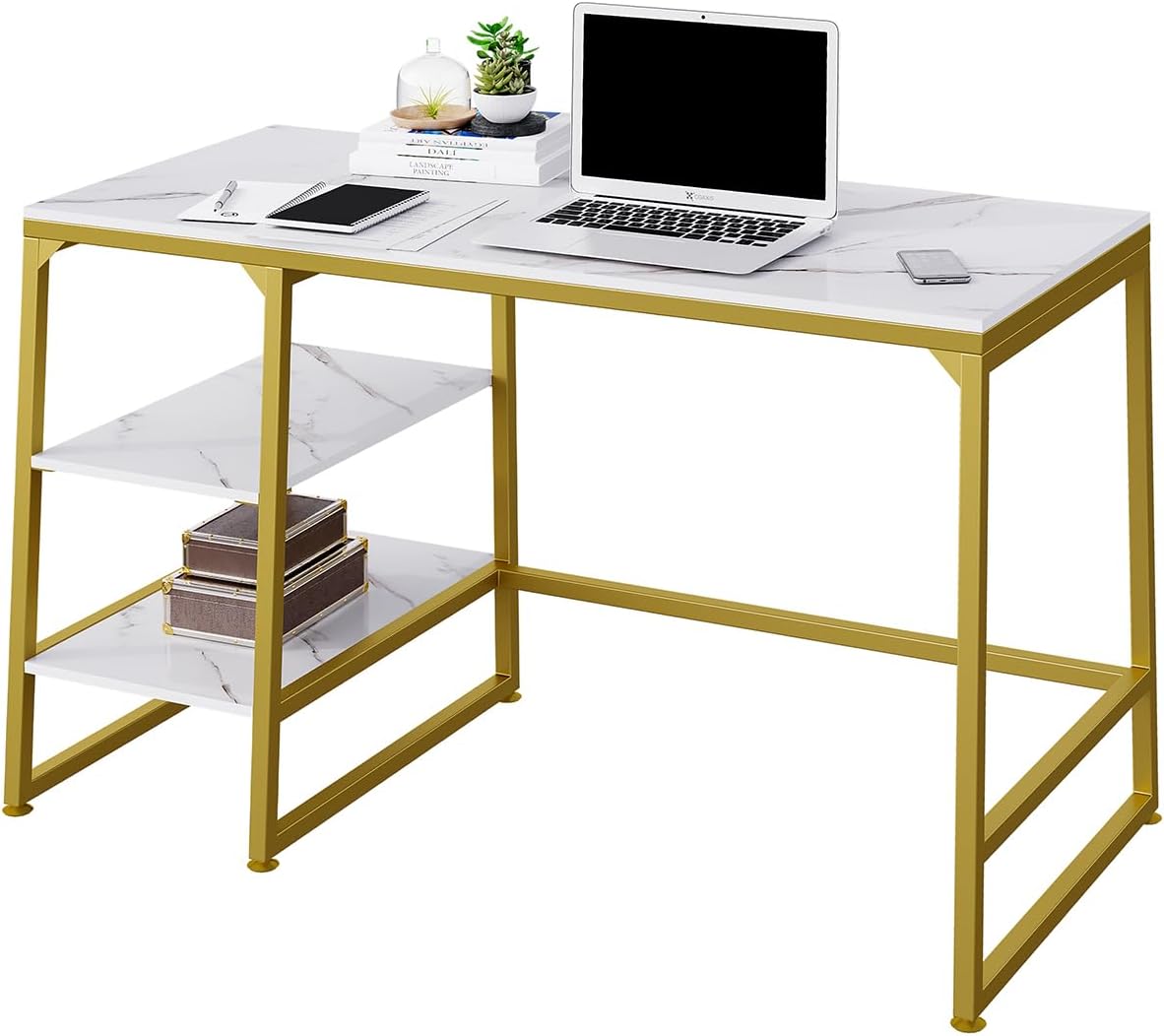 Computer Desk, Golden Modern Office Stand with Storage Rack,Large Executive Desk, Laptop Gaming Study Table, Home Office Furniture for Small Space Home Office