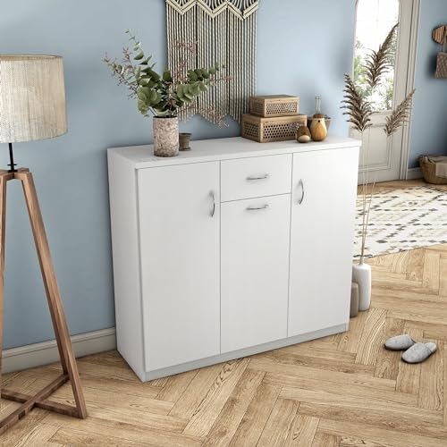 Furniture of America Darrion Modern 10-Shelf Cabinet with Doors and Center Drawer, Free Standing Rack Shoe Organizer for Entryway Storage, Hallway, Living Room, 20 Pairs, White