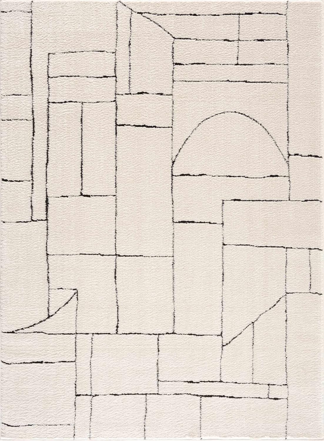 Hauteloom Keats Living Room, Bedroom Shag Area Rug - High Pile - Modern Abstract Geometric - Beige, Cream, Black - 6'7