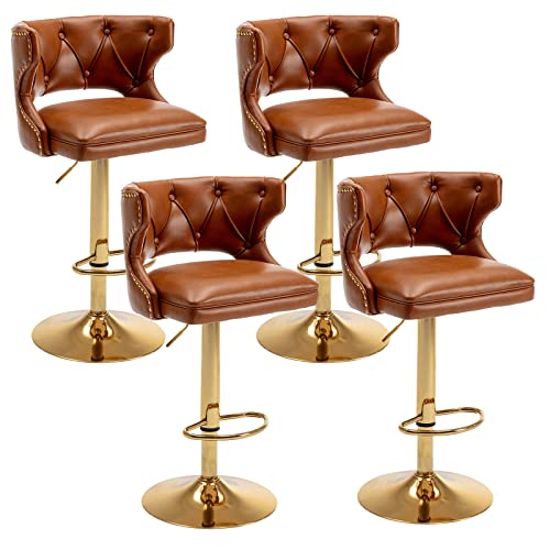 PU Leather Swivel Bar Stools Set of 4, Modern Kitchen Counter Height Barstools, Tufted Back High Dining Stool Chair with Gold Nailhead for Kitchen Island, Home Balcony, Coffee Shop, Bar, Pub, Brown