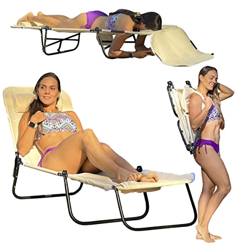 Face Down Tanning Chaise Lounge Chair - Face & Arm Holes - 2 Legs Support - Polyester Material – Backrest Positions - Head Rest Pillow - Beach or Home Use - Read and Tan - Pink Stripes Pattern