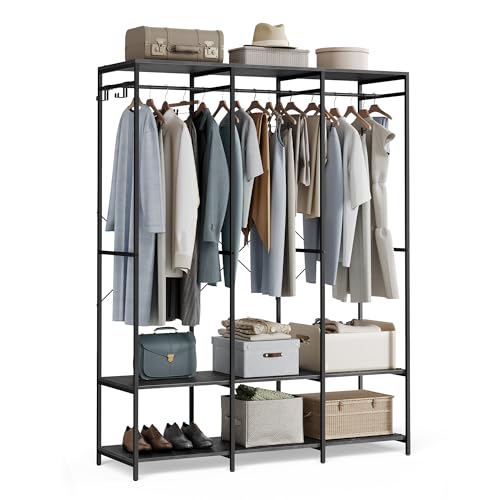 SONGMICS Clothes Rack, Iron and Wood Wardrobe Closet Organizer, Heavy Duty Garment Rack with Hanging Rods, Closet Shelves, Removable Hooks, 15.7 x 37.2 x 70.9 Inches, Ebony Black URGR004B56
