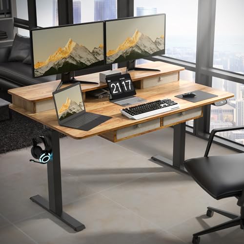 Electric Standing Widened Desk 63 * 30 Inches Adjustable Height with 4 Drawers, Double Storage Shelves Stand Up Desk, Home Office Workstation Sit Stand up Desk (Classical Black)