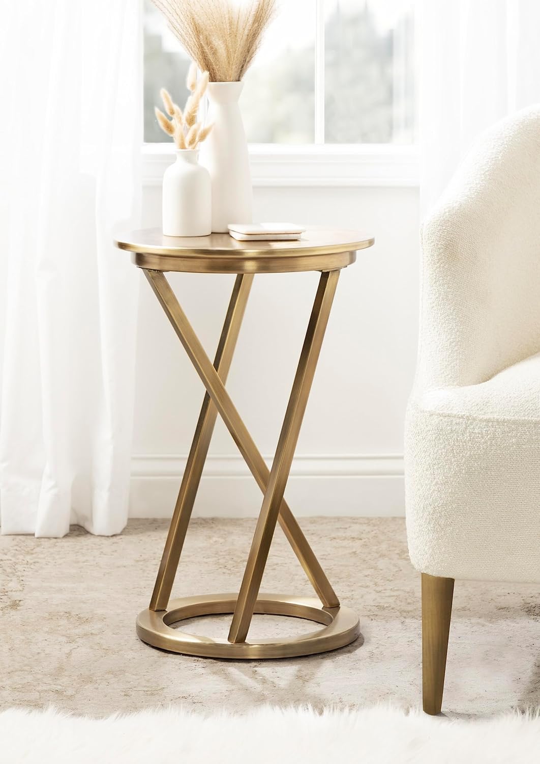 Kate and Laurel Aja Round Metal Side Table with Geometric Slanted Legs and Vintage Finish, 15x15x23, Gold
