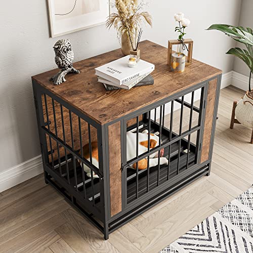 Dog Crate Furniture, Metal and Wooden Dog Crate, Dog Kennels with 3 Doors Indoor, Pet Puppy Crate End Table for Small/Medium/Large Dog, Heavy Duty Dog House, Rustic Black and Brown