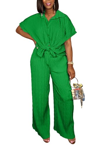 Casual Two Piece Set for Women - Button Down Shirt and Wide Leg Pants Matching Set Tracksuits