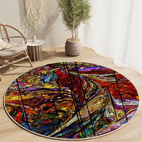 Round Rug 5 FT Tribal Office Chair Mat for Carpets Abstract Geometric Heavy Duty Floor Protector Multi-Purpose Carpet Low-Pile Desk mat for Office Home