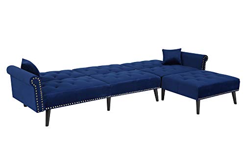 JULYFOX Navy Blue Sectional Sofa Sleeper Bed, 900 LB Heavy Duty 115 inch Velvet Sofa Futon W/Chaise Recliner Back Modern Day Bed W/Nail head Trim for Living Room Small Spaces Office