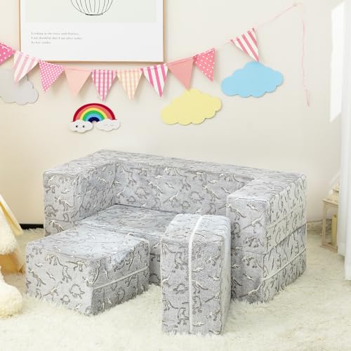 ALIMORDEN 3-in-1 Modular Toddler Couch, Glow-in-The-Dark Dinosaurs Flip Out Kids Couch, Nugget Couch with Two Ottomans and Side Pocket for Boys and Girls, Grey