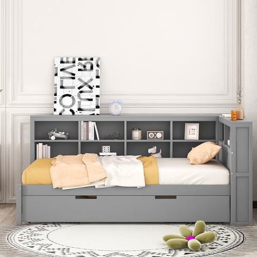 HomSof Bed with L-Shaped Bookcases,Daybed with 2 Drawers, Full-L, Grey