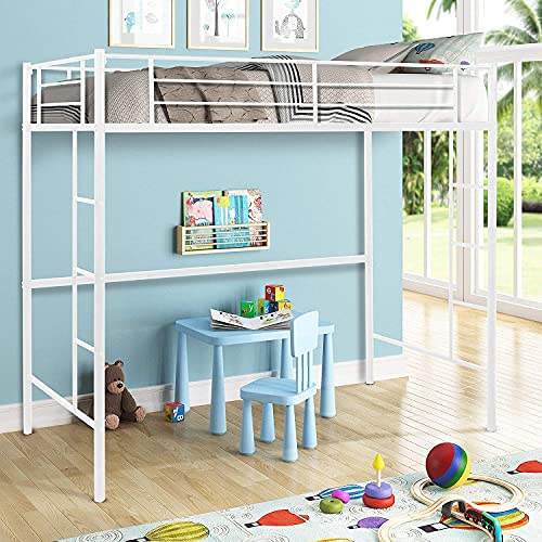 Metal Pipe Loft Bed, Rockjame Twin Size Loft Kids Bunk Bed Bedroom with Guard Rail and Two-Side Ladders, Loft Twin Bed for Bedroom Dorm Space Saving Design (White) (Color : White)