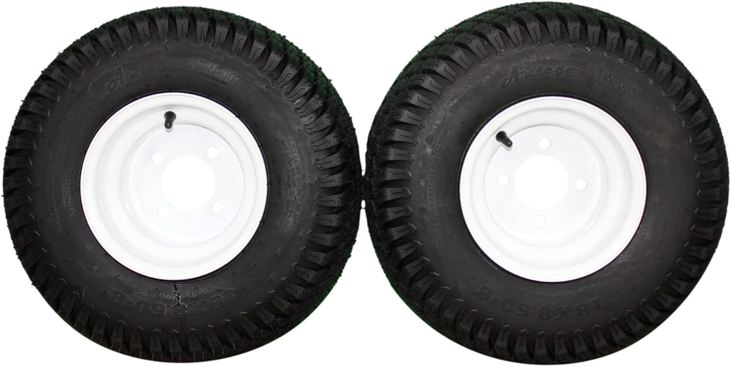 Antego Tire & Wheel 18x8.50-8 Turf Tires on 8x7 White Steel Wheels Compatible with Golf Carts and Mowers (Compatible with Toro Grandstand) (Set of 2)