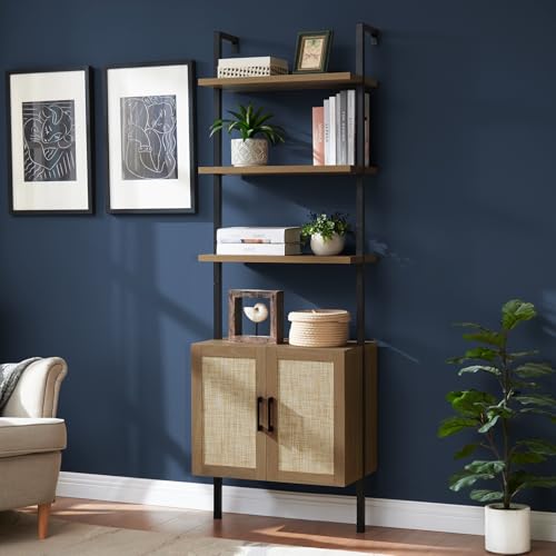 Ladder 5 Tier Bookshelf with Rattan Cabinet, 73