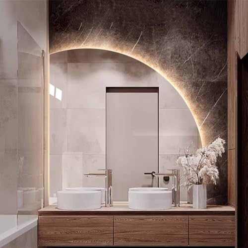 70cm Decorative Mirror, Half Moon Bathroom Mirror 100cm, Anti-Fog Vanity Mirror 90cm, Backlit LED Smart Wall Mirror 80cm，Touch Switch(Right Under cut,100cm/40)