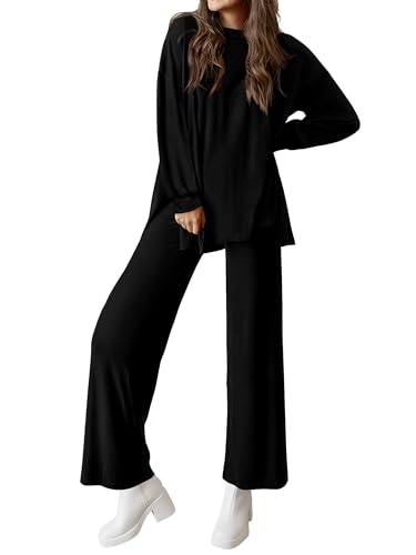 PRETTYGARDEN Womens 2 Piece Outfits Crewneck Long Sleeve Tops Wide Leg Long Pants Casual Lounge Set Tracksuit