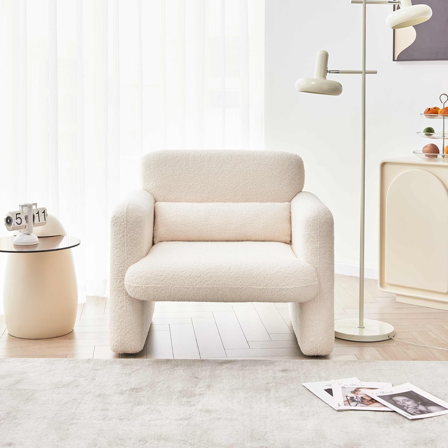 Modern Accent Chair, Lambswool Sherpa Fabric ArmChair, Upholstered Comfy Leisure Chair with Pillow & Armrest, Cute Small Single Sofa Chair for Small Spaces, Living Room, Beige