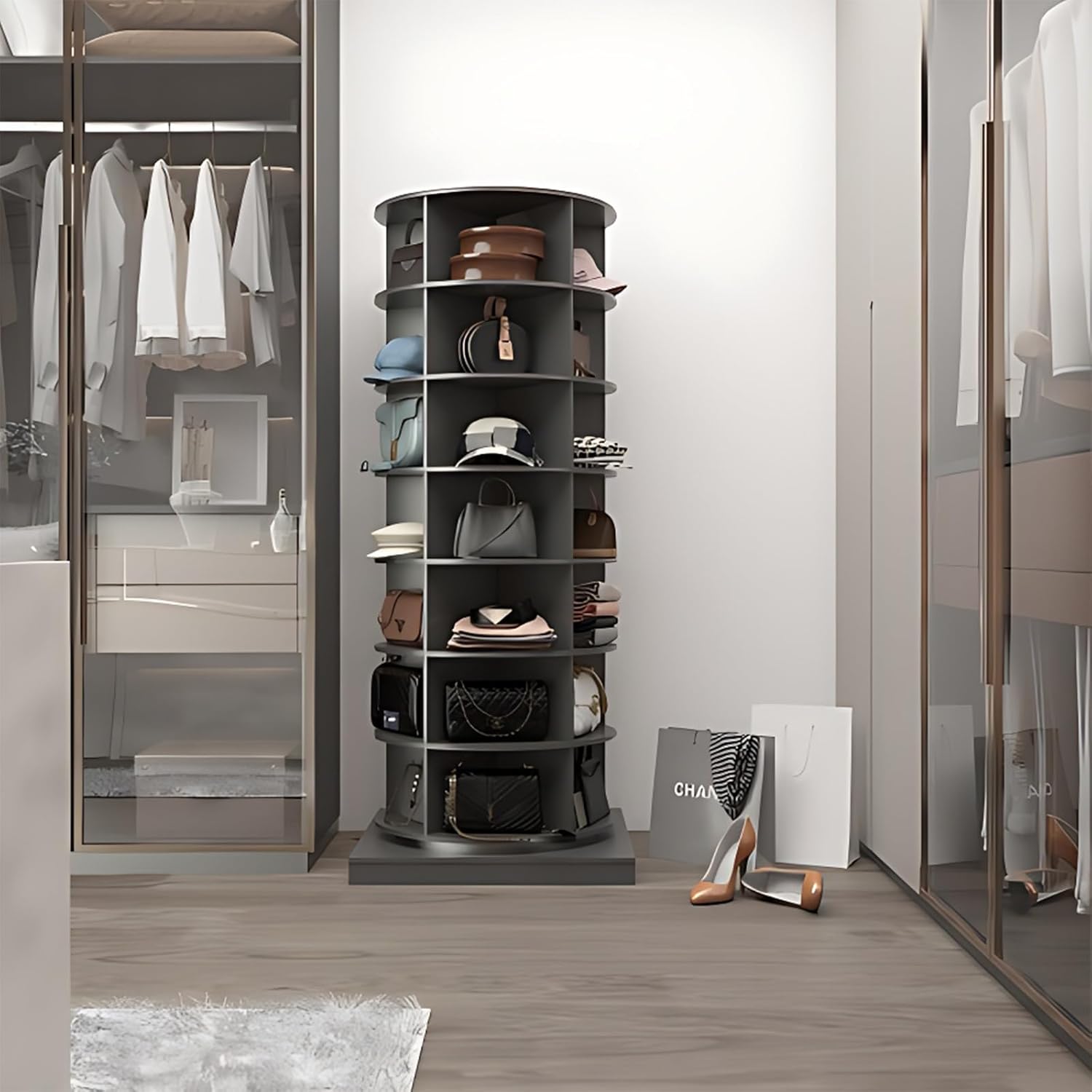 7 Tier Rotating Shoe Cabinet, Multifunctional Storage Revolving Shoe Rack Tower, 360°Open Free Standing Shoe Organizer, Shoe Display Lazy Susan (Grey)