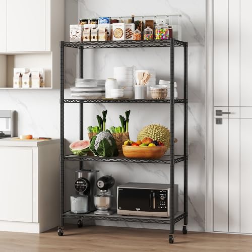 4-Shelf Shelving Units and Storage on Wheels with Shelf Liners Set of 4, NSF Certified, Adjustable Carbon Steel Wire Shelving Unit Rack for Garage, Kitchen, Office, Black (50H X 30W X 14D)