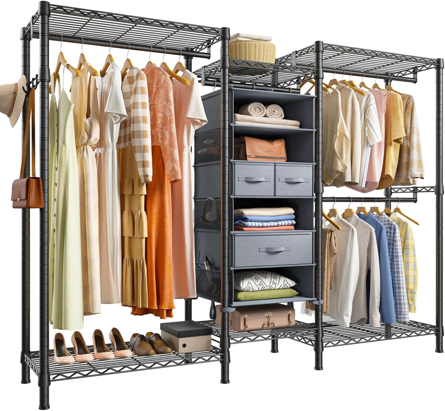 Raybee Clothes Rack, Clothing Racks for Hanging Clothes Heavy Duty Clothing Rack 800LBS Adjustable Clothes Racks for Hanging Clothes Metal Wire Garment Rack with 7 Drawers, Portable Closet Rack, Black