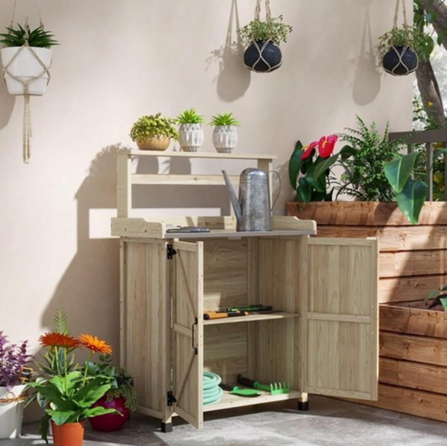 Outdoor Potting Bench, Solid Wood Garden Planting Table with Metal Tabletop, 2 Doors Garden Potting Table with Adjustable Shelf, Wooden Planting Table Potting Stand for Backyard, Patio, Lawn