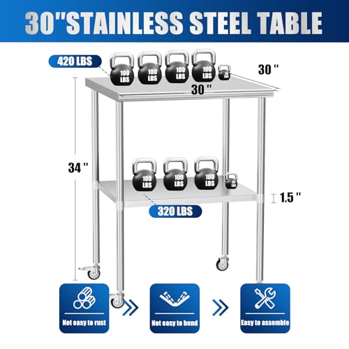 Stainless Steel Table with Wheels 24 x 60 Inches Metal Prep Table with Adjustable Undershelf for Commercial Kitchen, Outdoor, Restaurant, Hotel & Garage