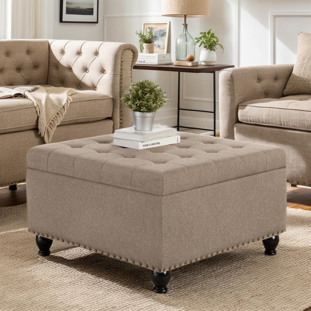Large Square Storage Ottoman with Wood Legs, Storage Ottoman Footrest and Seat Cube, Upholstered Button Tufted Coffee Table with Nail Trims for Living Room, Entryway, or Bedroom, Linen
