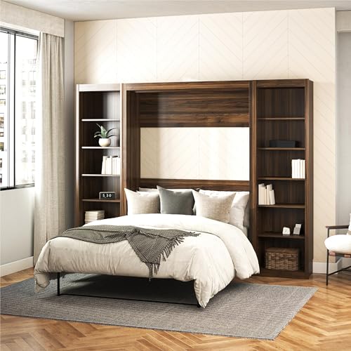 REALROOMS Halstead Multi-Functional Full Size Fold-Out Murphy Bed with 2 Space-Saving Open Storage Side Cabinets for Bedroom or Guest Room, Walnut