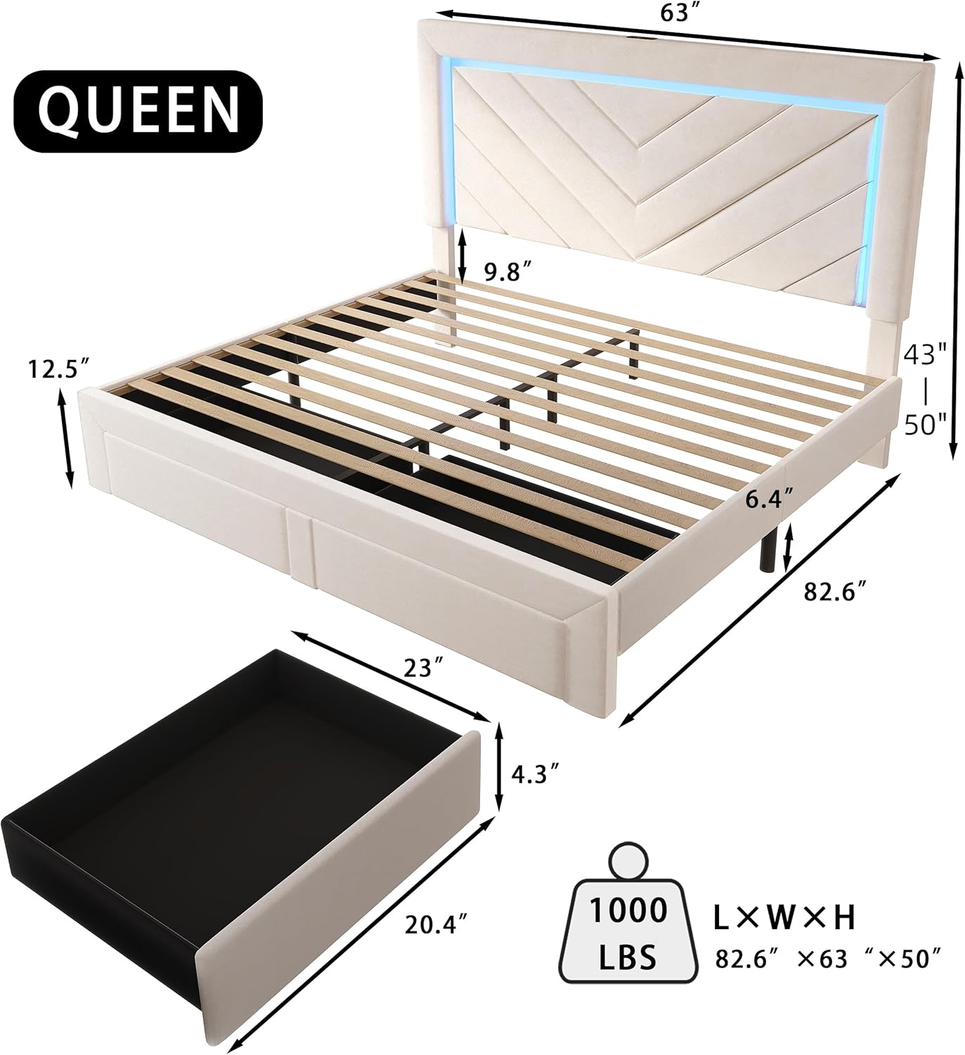 Queen Bed Frame with Adjustable Headboard and 2 Storage Drawers, Upholstered Bed Frame Queen with RGB LED Lights and Charging Station, Easy Assembly, No Box Spring Needed, Off White