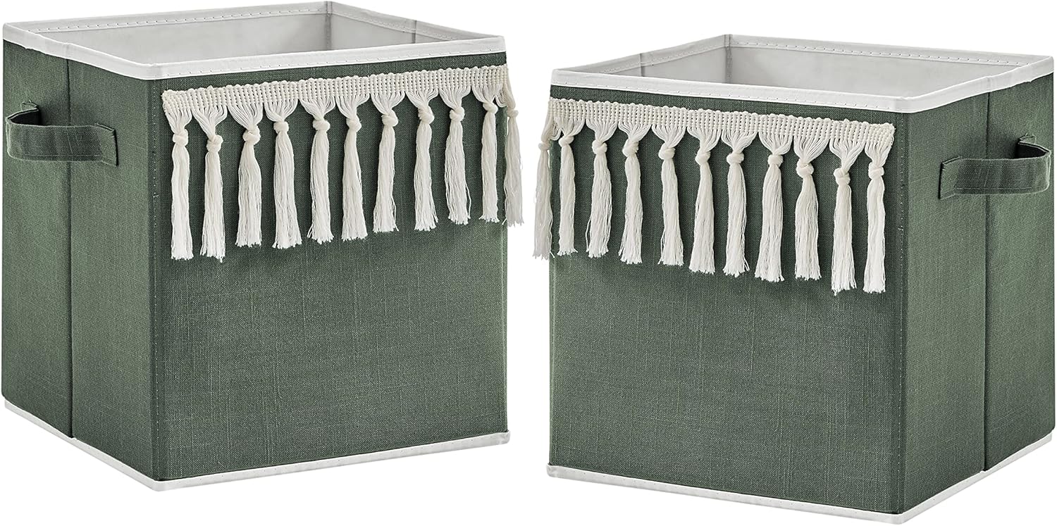 Sweet Jojo Designs Dark Green Boho Chic Foldable Fabric Storage Cube Bins Boxes Organizer Baby Solid Sage Hunter Ivory Bohemian Gender Neutral Linen Tassel Modern Farmhouse Designer Minimalist Set 2