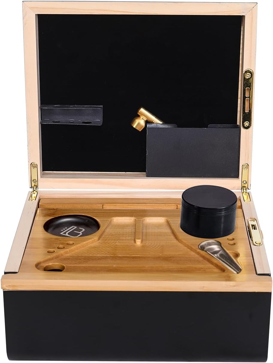 Premium Large Bamboo Chest - Storage and Decorative Chests with Vintage Locks - Wooden Locking Storage Chest with Rolling Tray - Wooden Storage Chest with Accessories, black