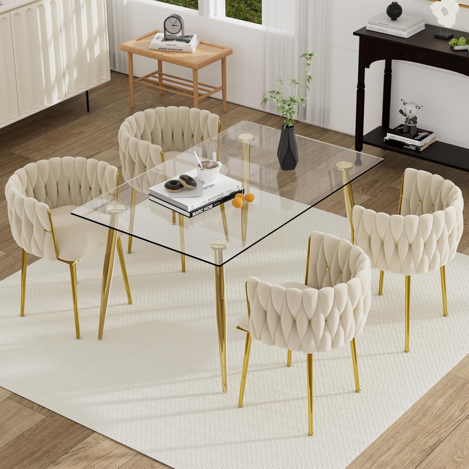 Gold Glass Dining Room Table Set for 4, 51'' Modern Rectangular Dinner Table Set, 5 PCS Clear Glass Top Retro Kitchen Table Set, Beige Woven Dining Chair for Home Living Room Small Place