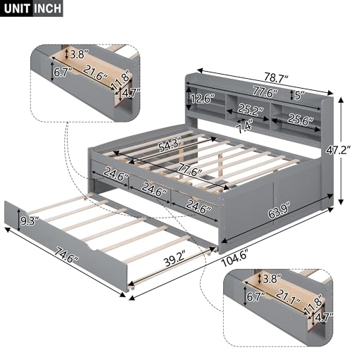 Harper & Bright Designs Full Size Bed with Storage Drawers and Side Bookcase, Solid Wood Platform Bed Frame with Study Desk, Full Size Daybed Sofa Bed for Bedroom Living Room, Natural