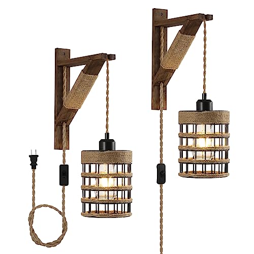SEEBLEN Plug in Wall Sconces Set of 2,Farmhouse Hanging Lamps That Plug into Wall Outlet, Rustic Metal Cage Sconce with Wooden Bracket for Bedroom Living Room Headboard.