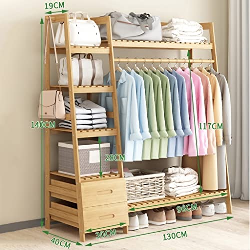 Clothes Rail Rack Standing Coat Rack Bamboo Clothes Rack Freestanding Closet Organizer With 2 Drawers And A Hanging Rob, Extra 5 Clothing Storage Shelving (Color : Khaki, Size : 90 * 40 * 14