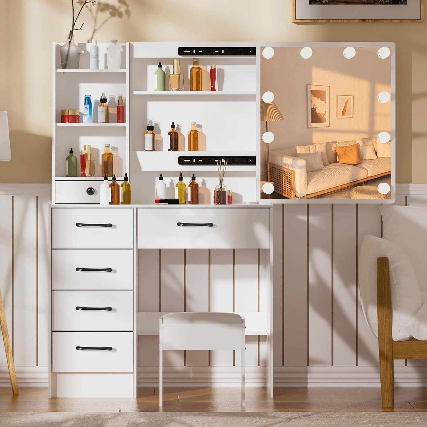 Makeup Vanity Set with 6 Drawers and Lighted Mirror, Multifunctional Table Vanity with 6 Cabinets and Brightness Adjustable, Dressing Cosmetic Desk with Chair for Girls