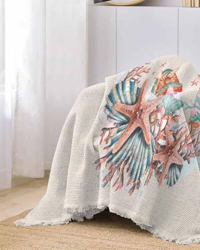 Summer Starfish Red Sofa Cover Couch Covers for 3-4 Cushion Couch Throw Couch Cover with Tassel Soft Sofa Slipcover Ocean Gnome Conches White Couch Furniture Protector for Dog Pet 71