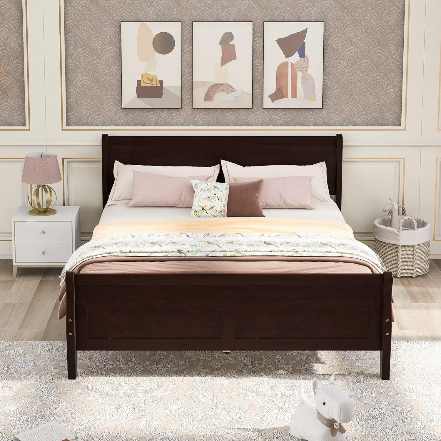 Full Wood Platform Sleigh Bed Frame with Headboard for Guest Living Room Brown Urban Natural Includes Hardware