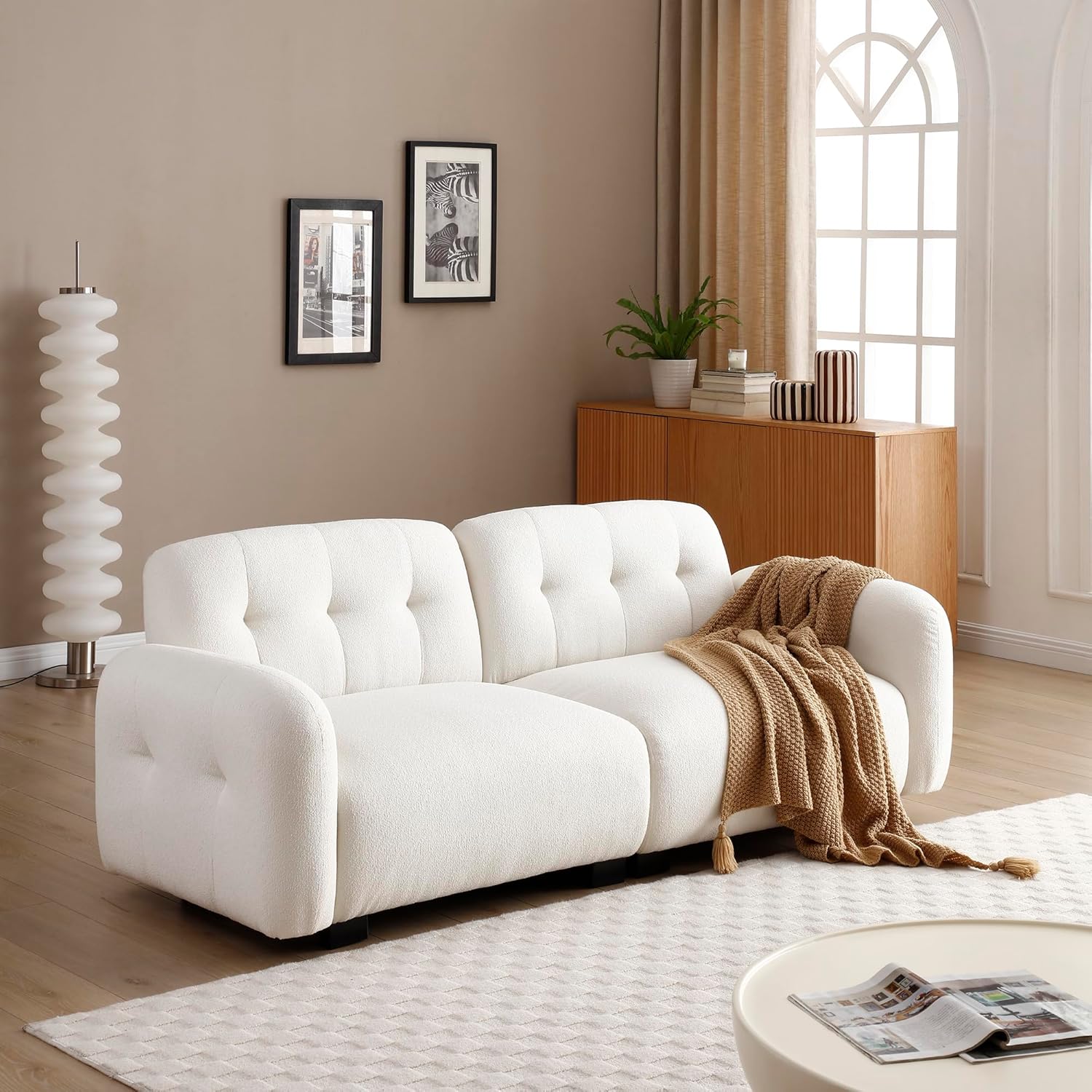 Modern 3-Seater Teddy Sofa Sectional with Wooden Legs, Upholstered Deep Seat Love Seat Sofa for Living Room, Bedroom, Apartment, Office, Beige (81.48