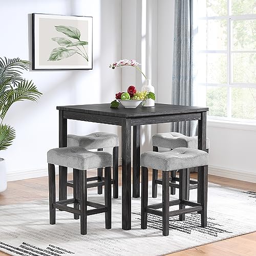 Knocbel Classic 4-Person Square Counter Height Dining Table Set, 5-Piece Dinette Set with Padded Seat Stools, Apartment Condo Small Space Breakfast Nook Furniture Set (Gray and Linen 35